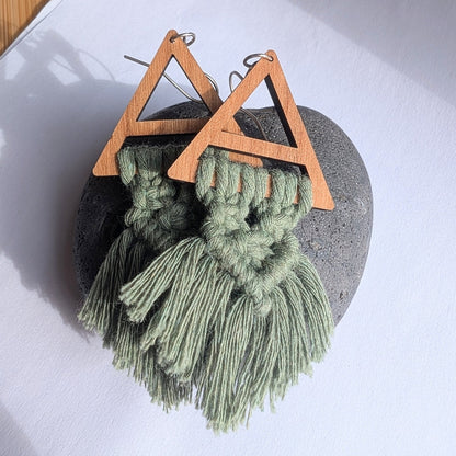 Green Macrame Pennant & Recycled Sterling Silver Dangle Earrings - Not Lost Jewellery