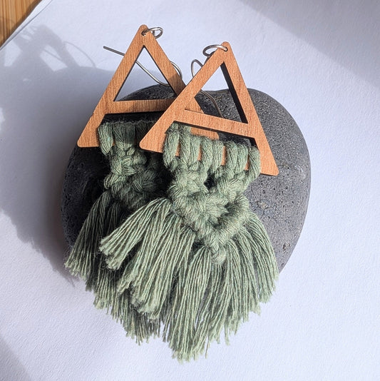 Green Macrame Pennant & Recycled Sterling Silver Dangle Earrings - Not Lost Jewellery