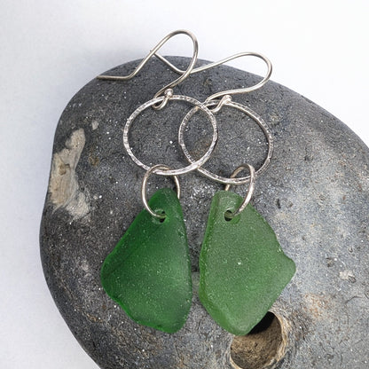 Green Seaglass and Textured Recycled Sterling Silver Dangle Hook Earrings - Not Lost Jewellery