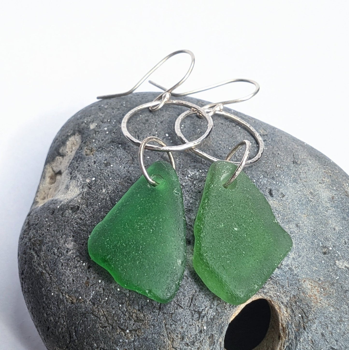 Green Seaglass and Textured Recycled Sterling Silver Dangle Hook Earrings - Not Lost Jewellery