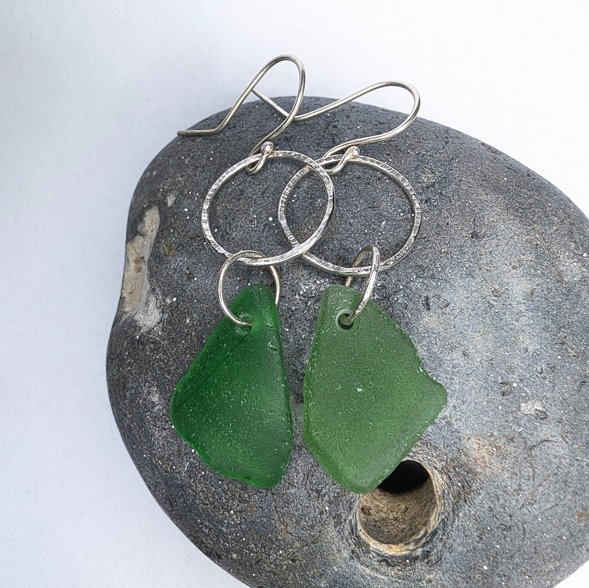 Green Seaglass and Textured Recycled Sterling Silver Dangle Hook Earrings - Not Lost Jewellery