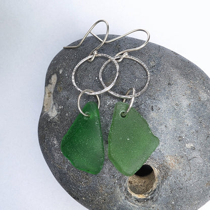 Green Seaglass and Textured Recycled Sterling Silver Dangle Hook Earrings - Not Lost Jewellery