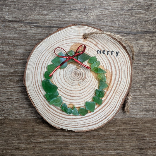 Hanging Wooden Christmas Decoration - Large Merry Seaglass Wreath - Not Lost Jewellery