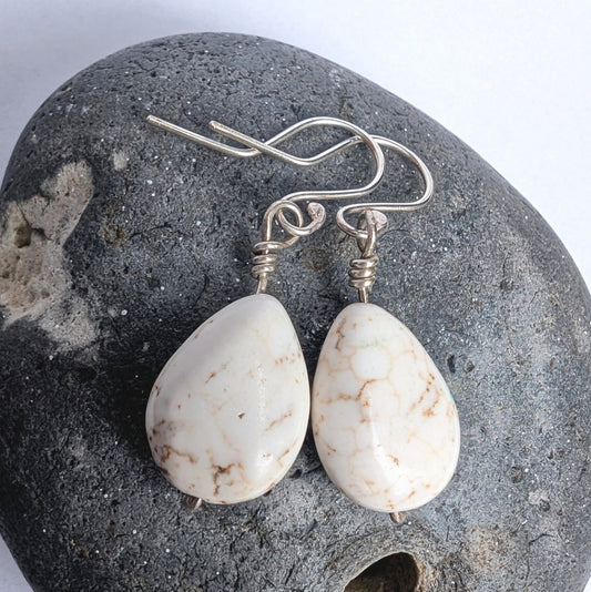 Howlite & Recycled Silver Dangle Hook Earrings - Not Lost Jewellery