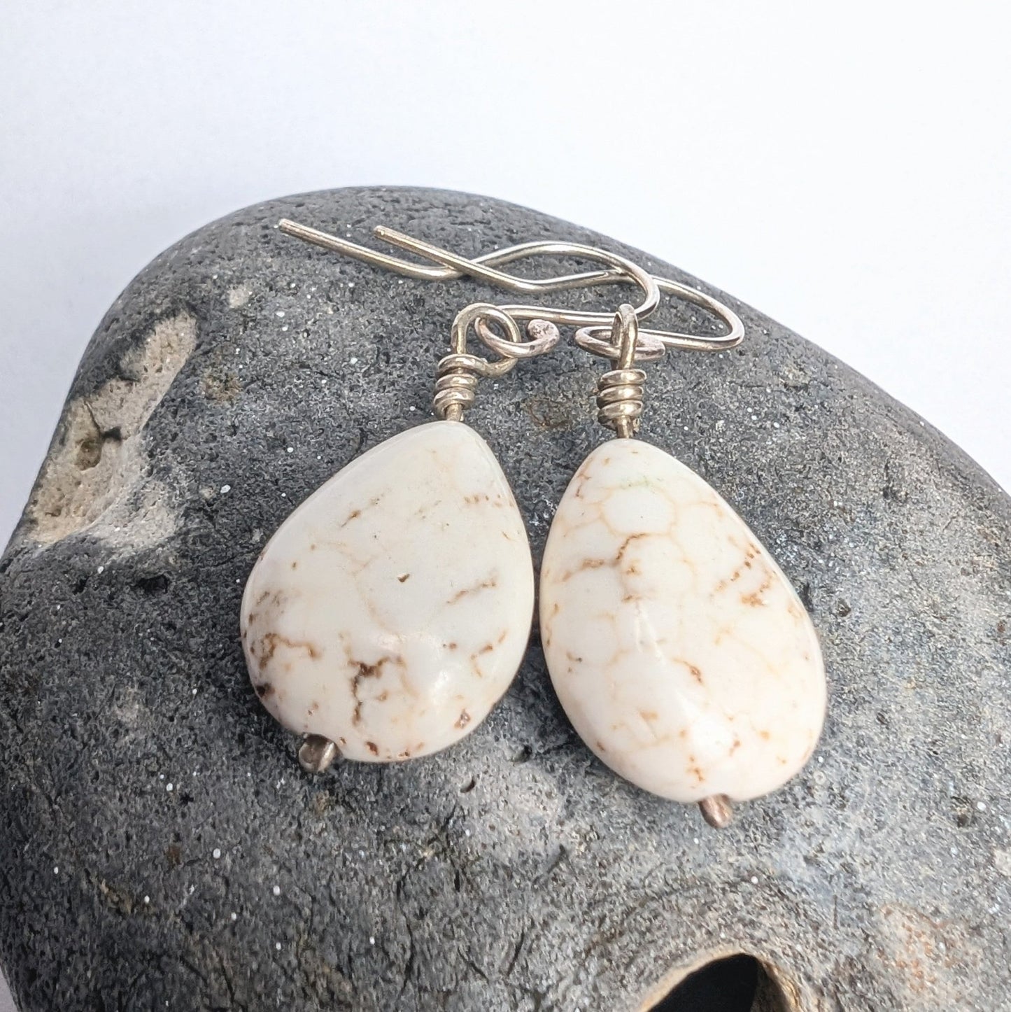 Howlite & Recycled Silver Dangle Hook Earrings - Not Lost Jewellery