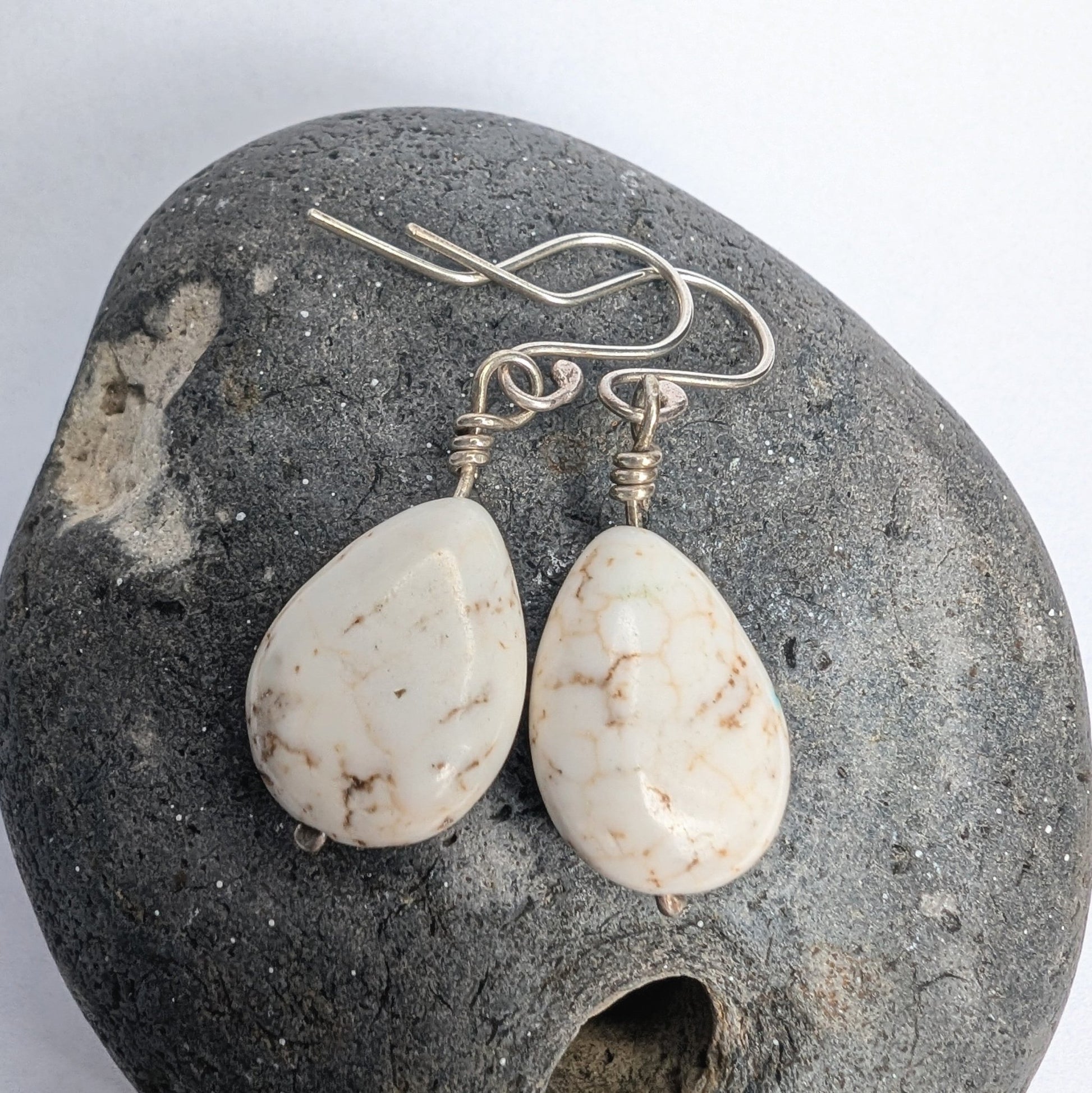 Howlite & Recycled Silver Dangle Hook Earrings - Not Lost Jewellery