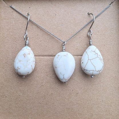 Howlite & Recycled Silver Dangle Hook Earrings and Necklace Set - Not Lost Jewellery