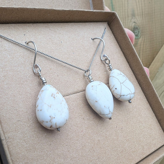 Howlite & Recycled Silver Dangle Hook Earrings and Necklace Set - Not Lost Jewellery