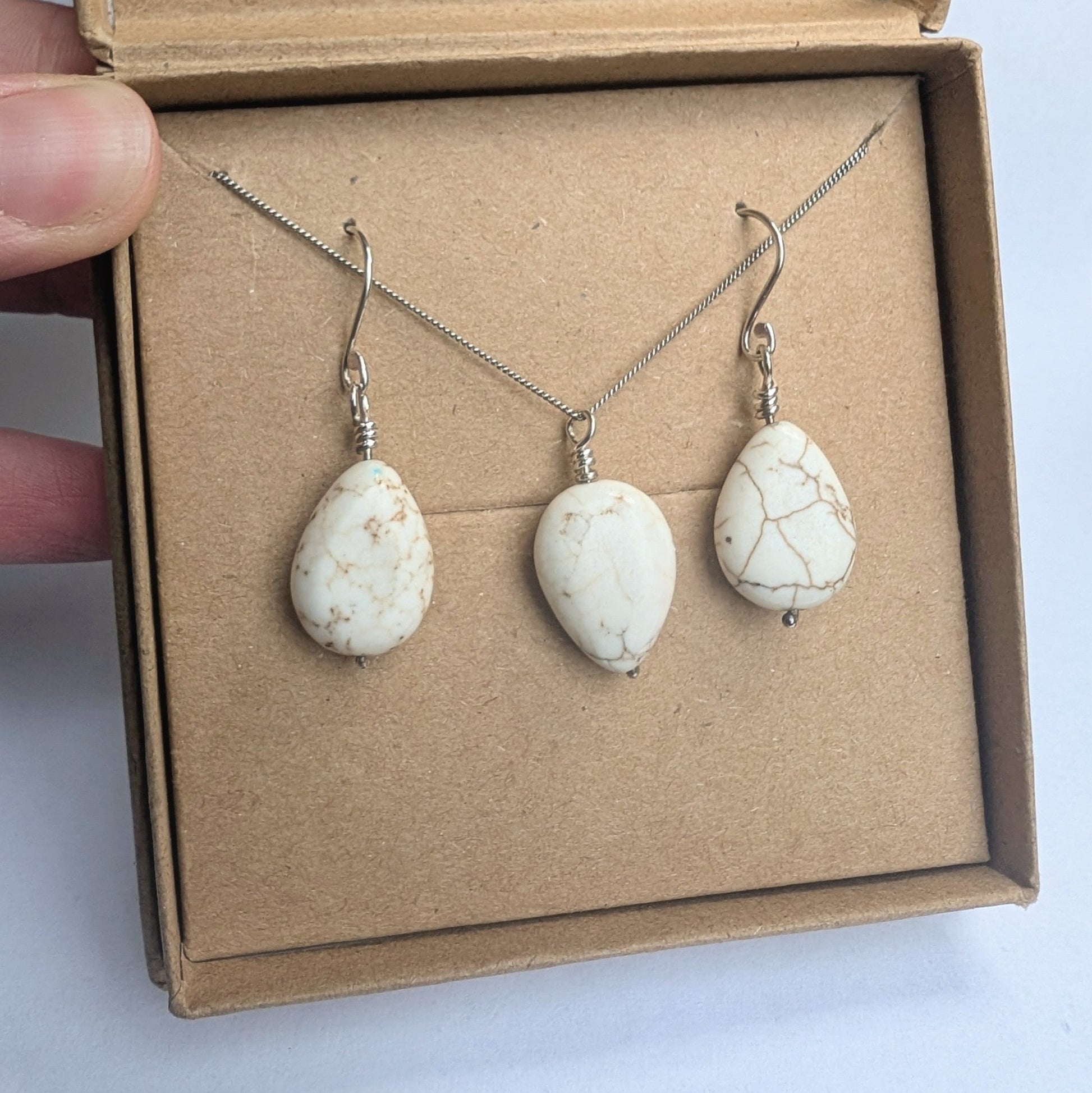 Howlite & Recycled Silver Dangle Hook Earrings and Necklace Set - Not Lost Jewellery