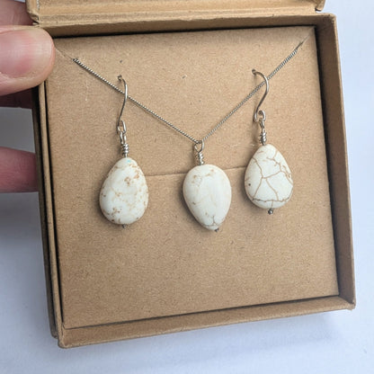 Howlite & Recycled Silver Dangle Hook Earrings and Necklace Set - Not Lost Jewellery