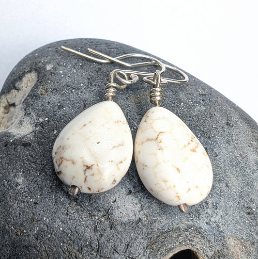 Howlite & Recycled Silver Dangle Hook Earrings and Necklace Set - Not Lost Jewellery