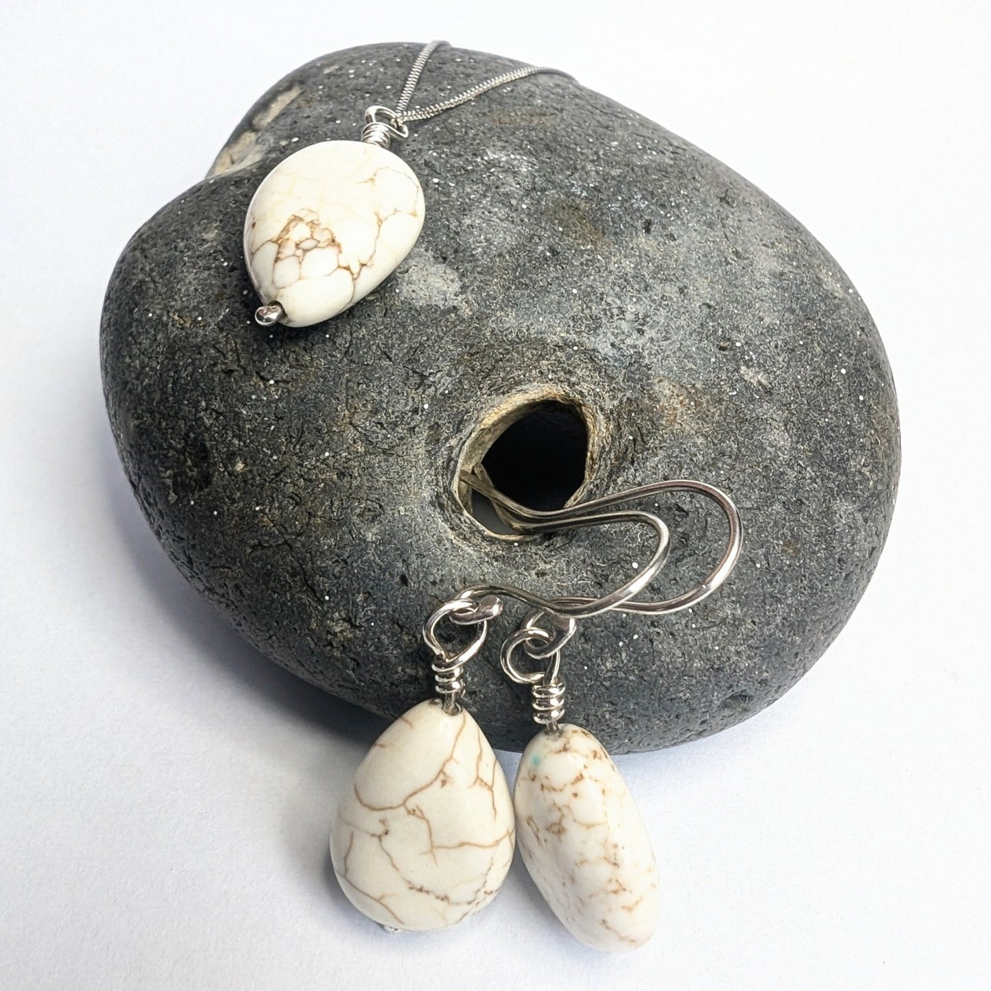 Howlite & Recycled Silver Dangle Hook Earrings and Necklace Set - Not Lost Jewellery