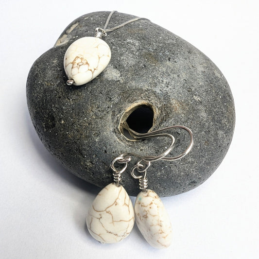 Howlite & Recycled Silver Dangle Hook Earrings and Necklace Set - Not Lost Jewellery