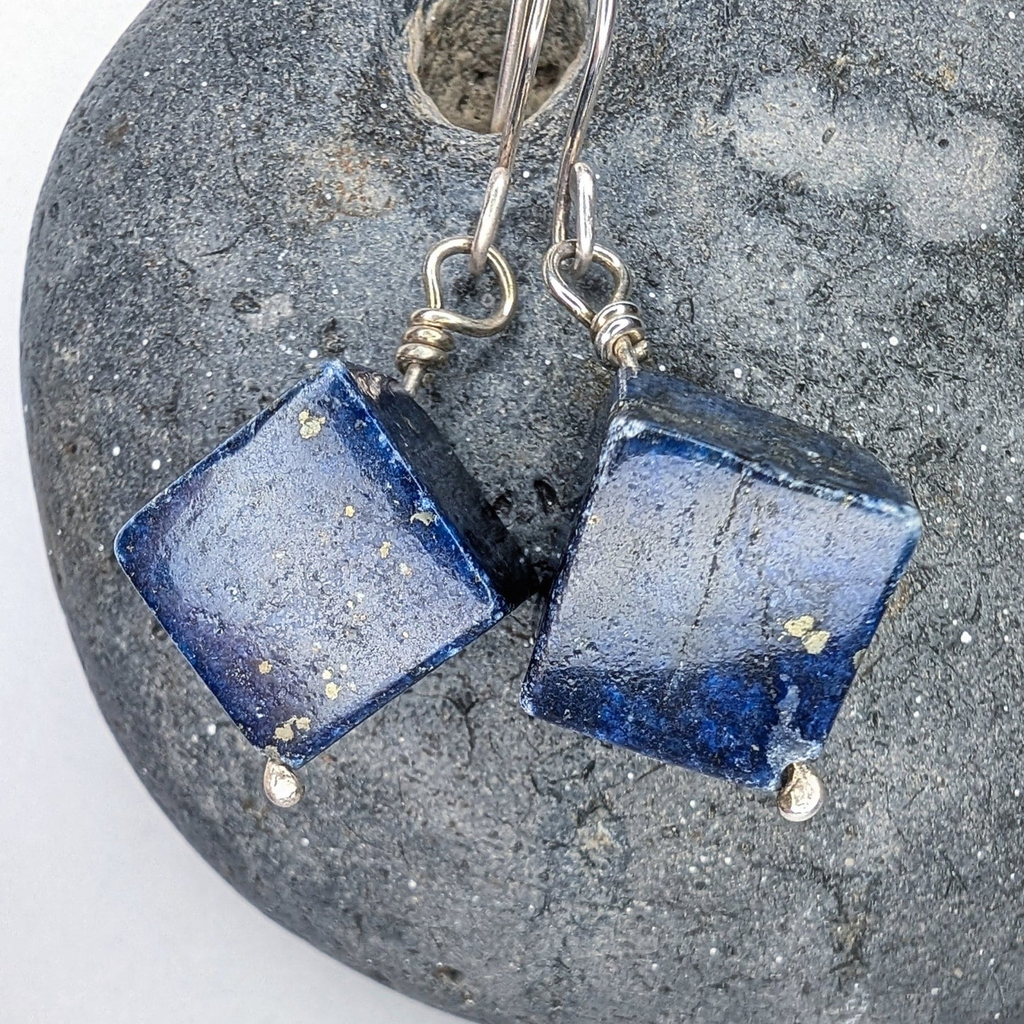 Lapis Lazuli & Recycled Silver Dangle Hook Earrings - Not Lost Jewellery