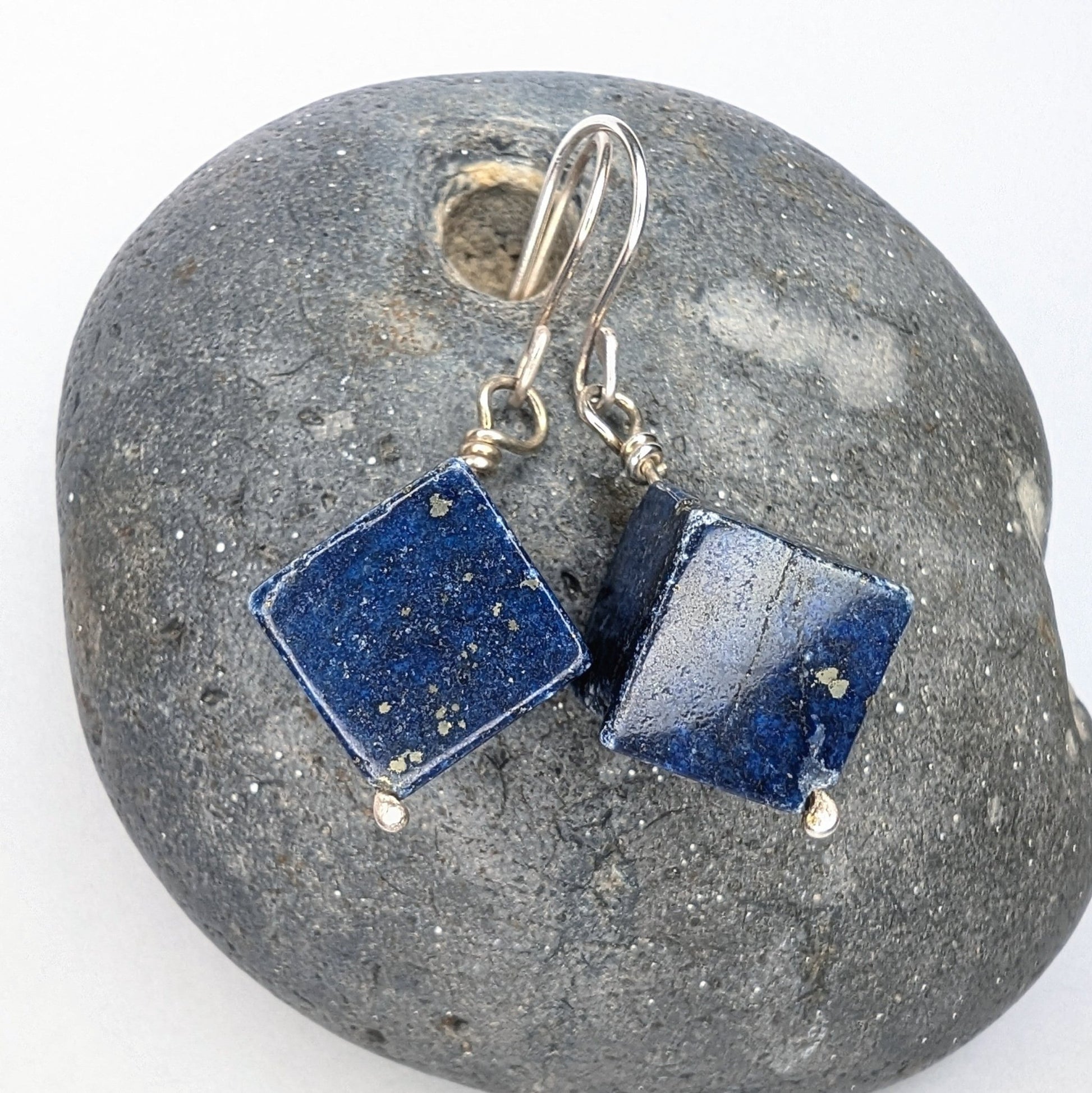 Lapis Lazuli & Recycled Silver Dangle Hook Earrings - Not Lost Jewellery