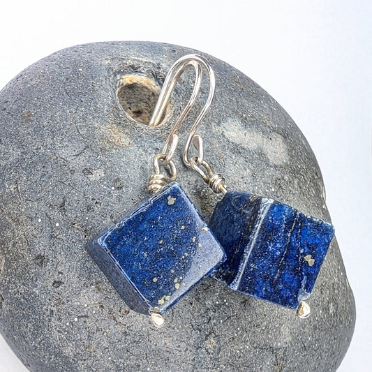 Lapis Lazuli & Recycled Silver Dangle Hook Earrings - Not Lost Jewellery