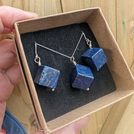 Lapis Lazuli & Recycled Silver Dangle Hook Earrings and Necklace Set - Not Lost Jewellery