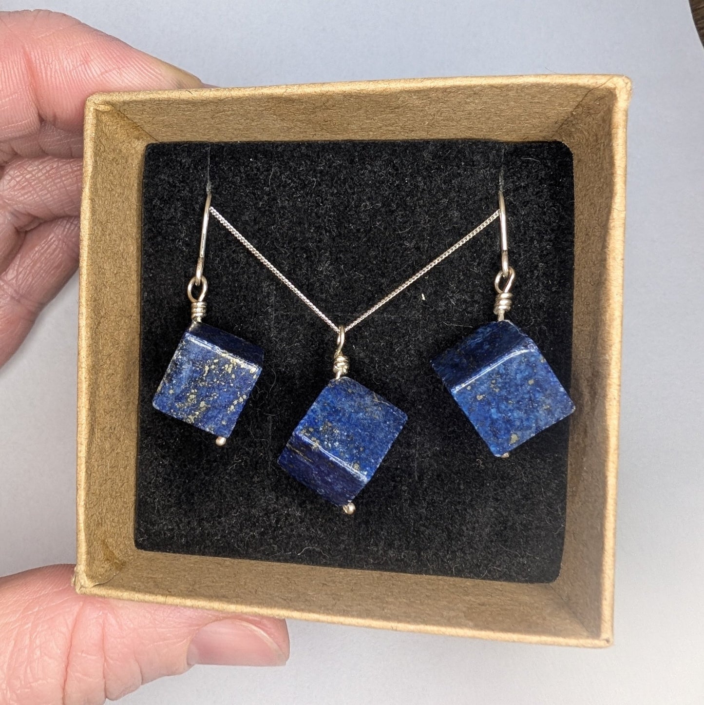 Lapis Lazuli & Recycled Silver Dangle Hook Earrings and Necklace Set - Not Lost Jewellery