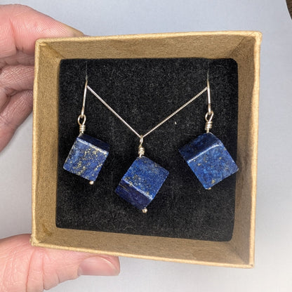Lapis Lazuli & Recycled Silver Dangle Hook Earrings and Necklace Set - Not Lost Jewellery