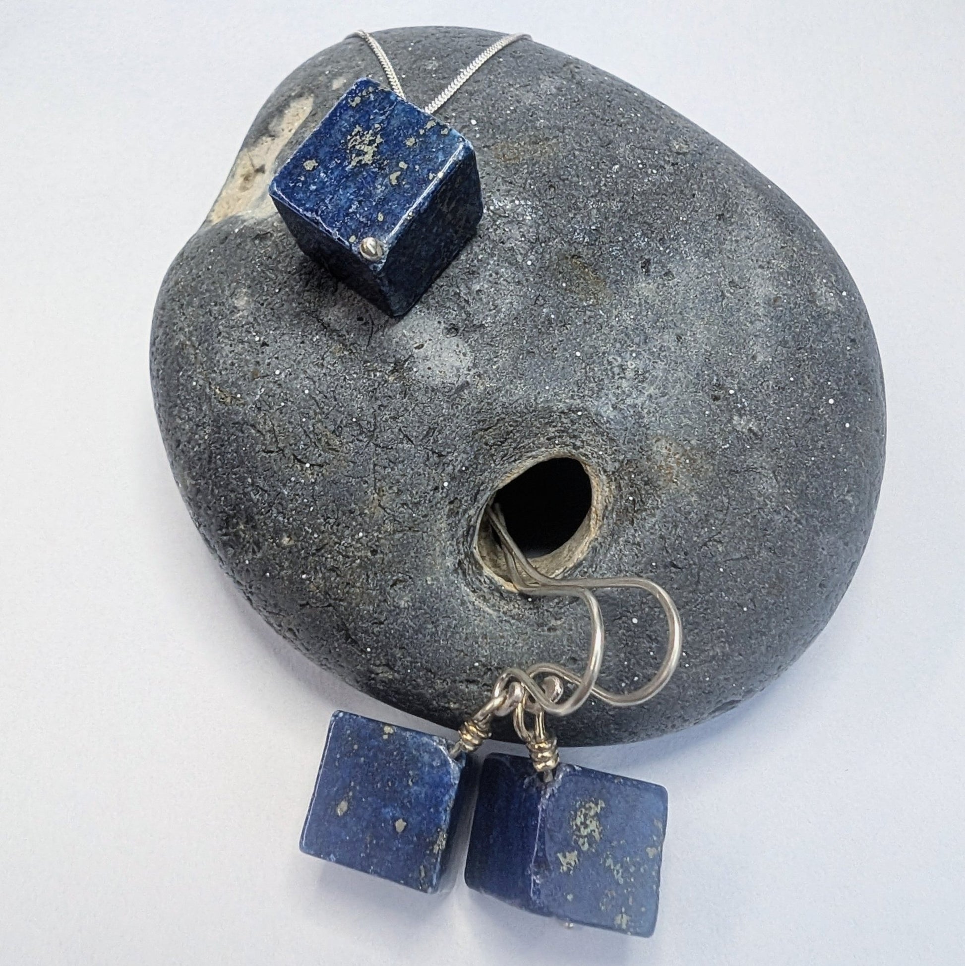 Lapis Lazuli & Recycled Silver Dangle Hook Earrings and Necklace Set - Not Lost Jewellery
