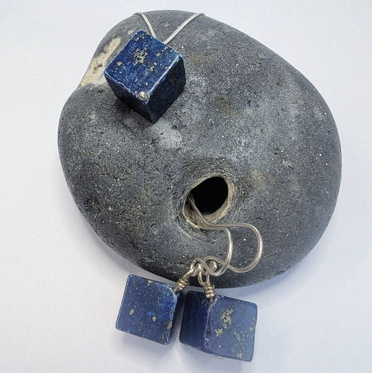 Lapis Lazuli & Recycled Silver Dangle Hook Earrings and Necklace Set - Not Lost Jewellery