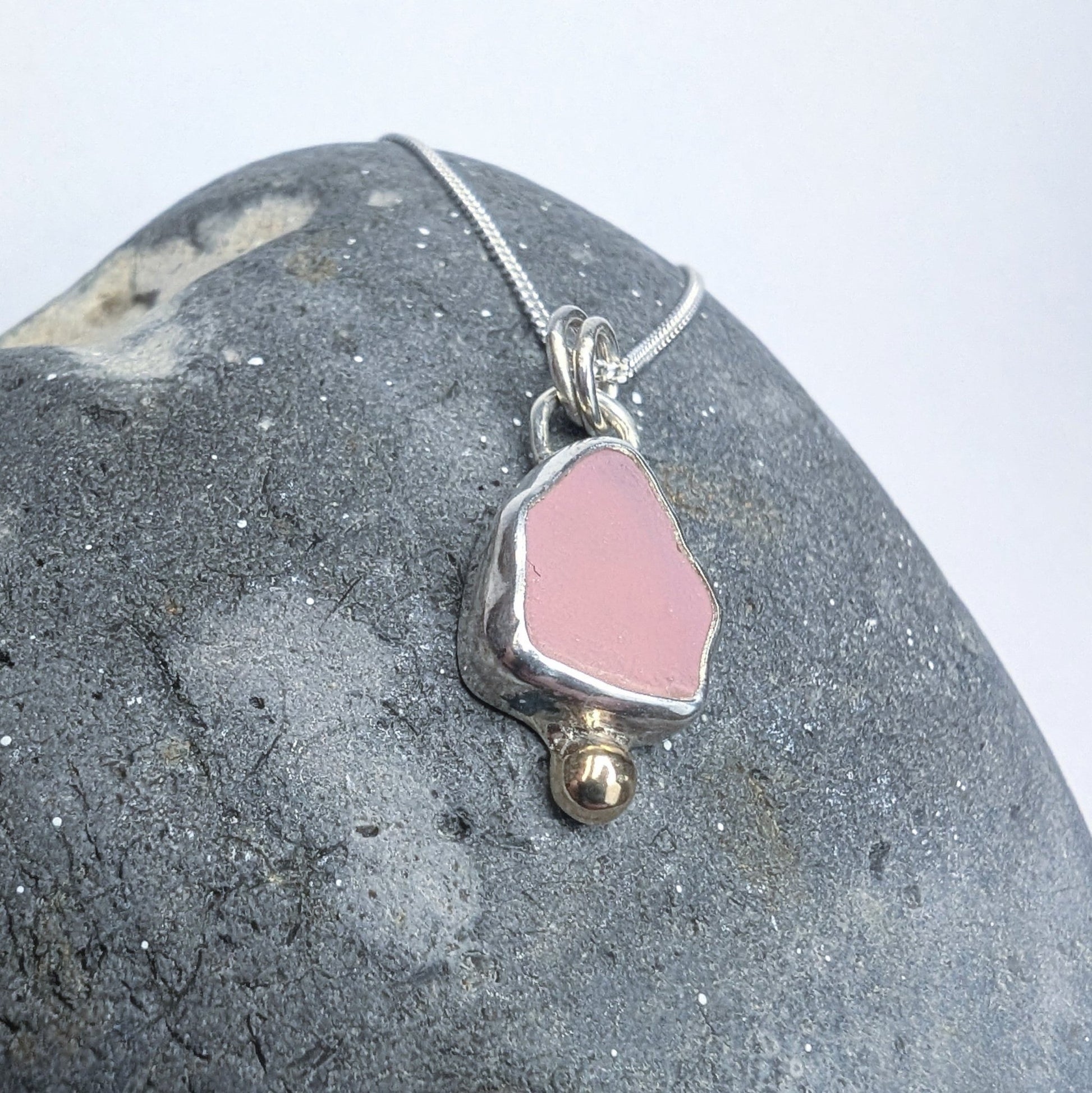 Pink Milk Seaglass Recycled Silver Necklace with 9ct Gold Detail - Not Lost Jewellery