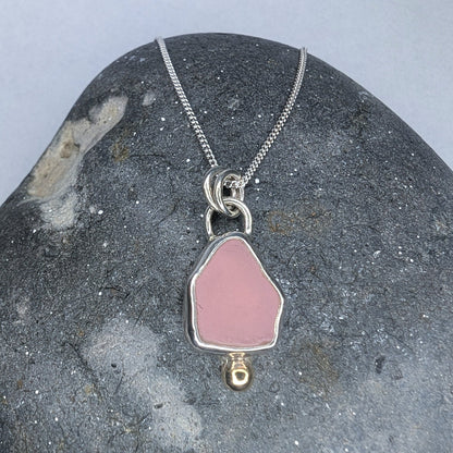 Pink Milk Seaglass Recycled Silver Necklace with 9ct Gold Detail - Not Lost Jewellery
