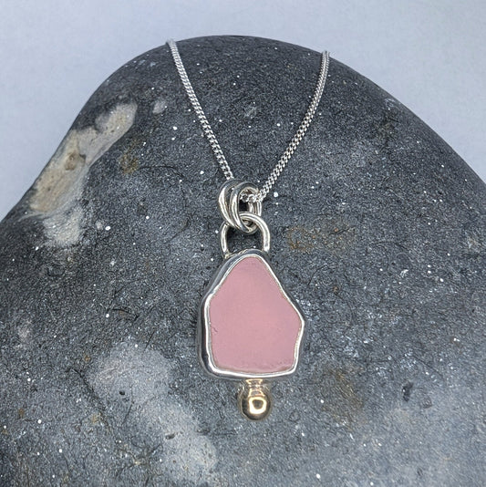 Pink Milk Seaglass Recycled Silver Necklace with 9ct Gold Detail - Not Lost Jewellery