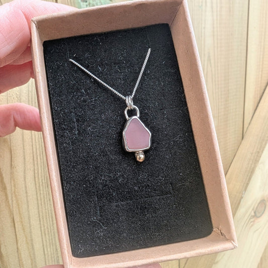 Pink Milk Seaglass Recycled Silver Necklace with 9ct Gold Detail - Not Lost Jewellery
