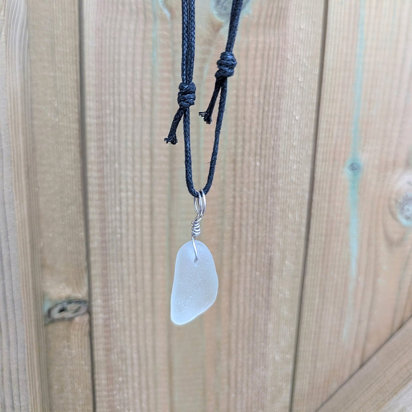 Recycled Silver Wire Wrapped Clear Seaglass Pendant Cord Necklace - Not Lost Jewellery