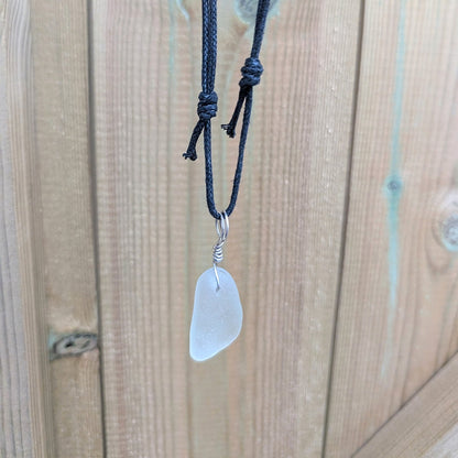 Recycled Silver Wire Wrapped Clear Seaglass Pendant Cord Necklace - Not Lost Jewellery