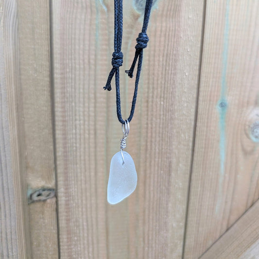 Recycled Silver Wire Wrapped Clear Seaglass Pendant Cord Necklace - Not Lost Jewellery