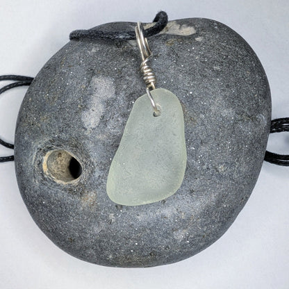 Recycled Silver Wire Wrapped Clear Seaglass Pendant Cord Necklace - Not Lost Jewellery