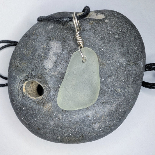Recycled Silver Wire Wrapped Clear Seaglass Pendant Cord Necklace - Not Lost Jewellery