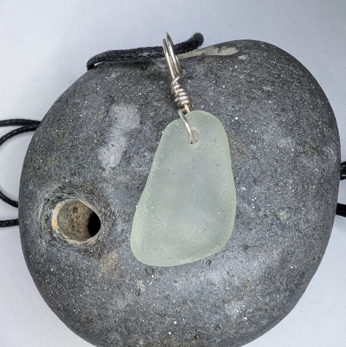 Recycled Silver Wire Wrapped Clear Seaglass Pendant Cord Necklace - Not Lost Jewellery