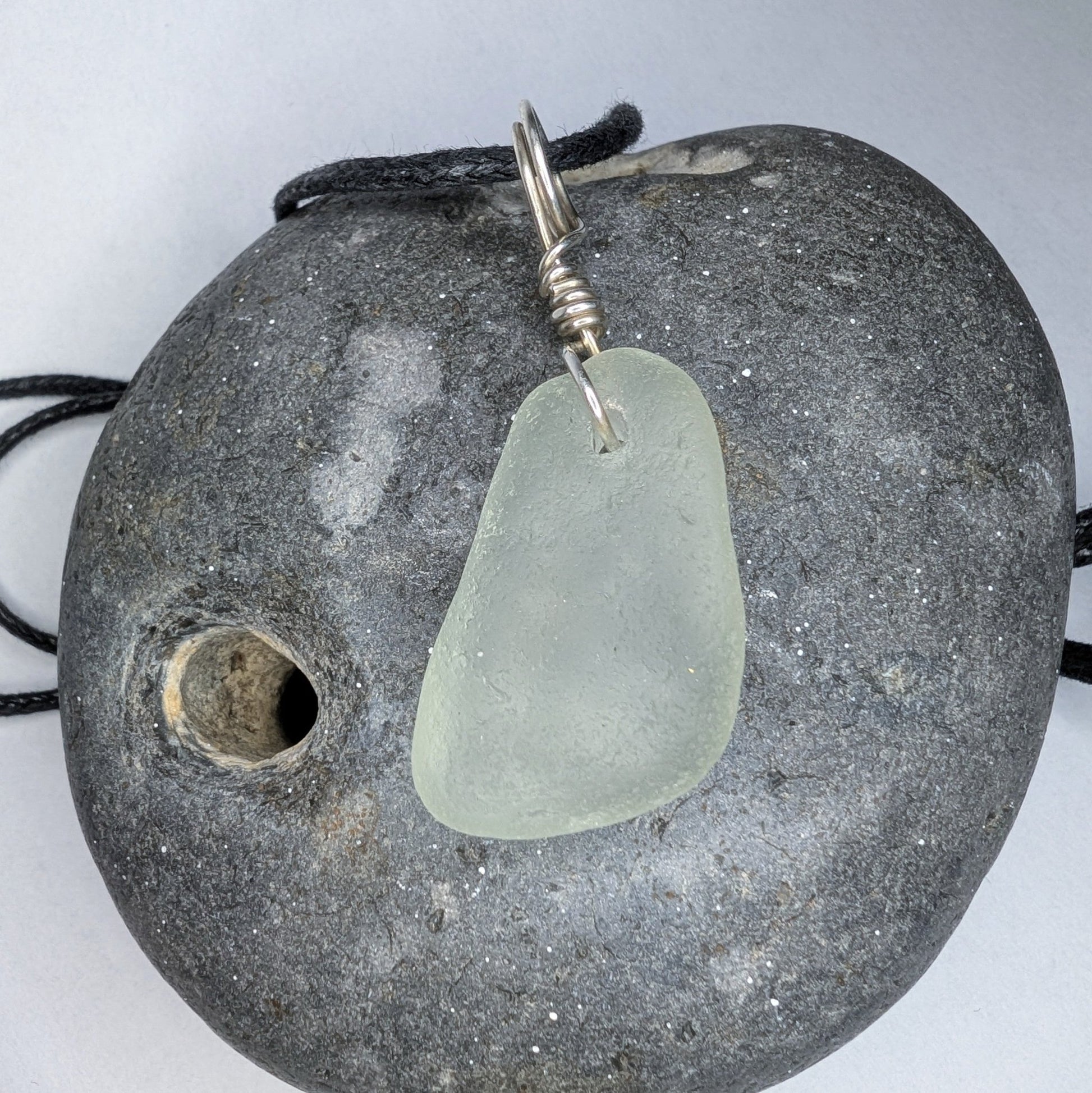 Recycled Silver Wire Wrapped Clear Seaglass Pendant Cord Necklace - Not Lost Jewellery