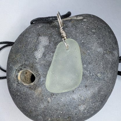 Recycled Silver Wire Wrapped Clear Seaglass Pendant Cord Necklace - Not Lost Jewellery