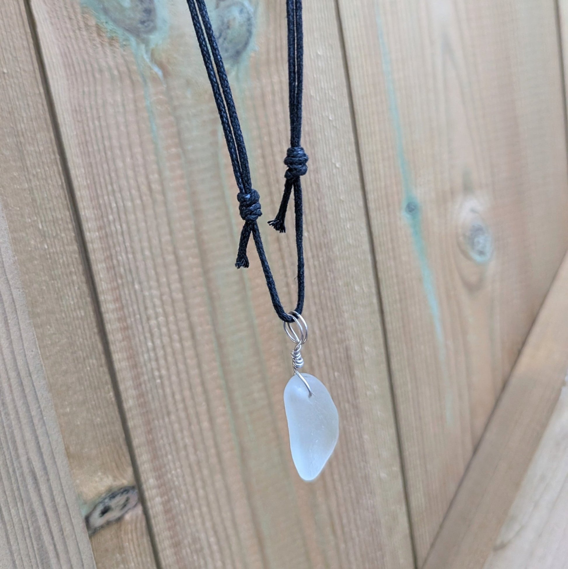 Recycled Silver Wire Wrapped Clear Seaglass Pendant Cord Necklace - Not Lost Jewellery