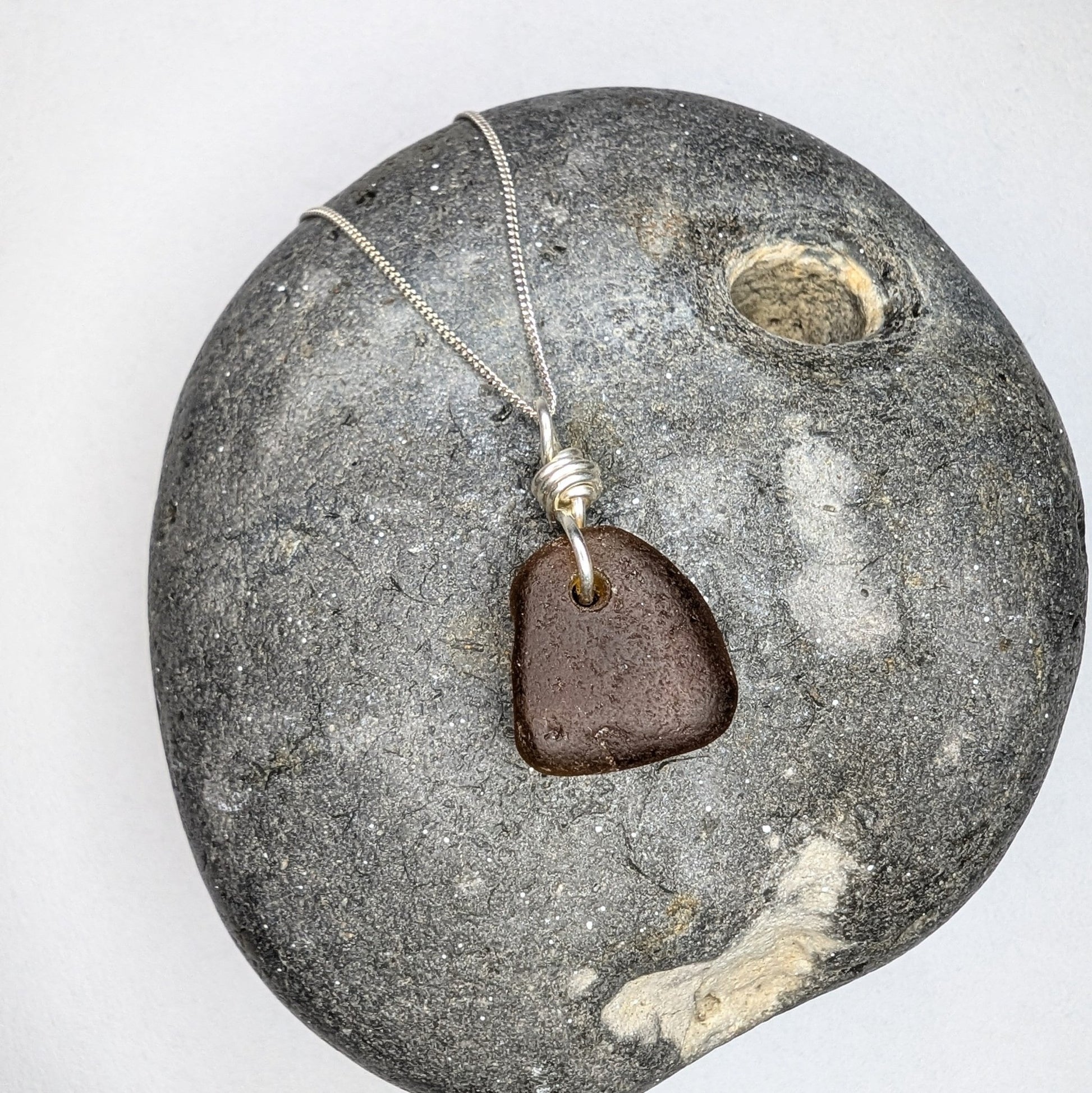 Recycled Silver Wire Wrapped Dark Amber Seaglass Pendant Necklace - Not Lost Jewellery