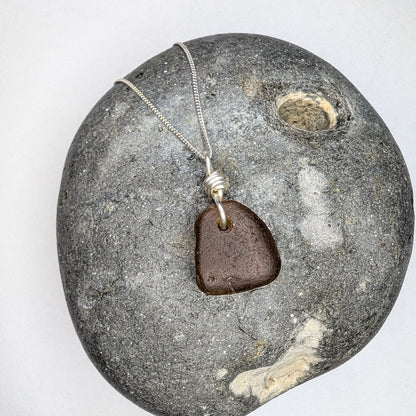 Recycled Silver Wire Wrapped Dark Amber Seaglass Pendant Necklace - Not Lost Jewellery