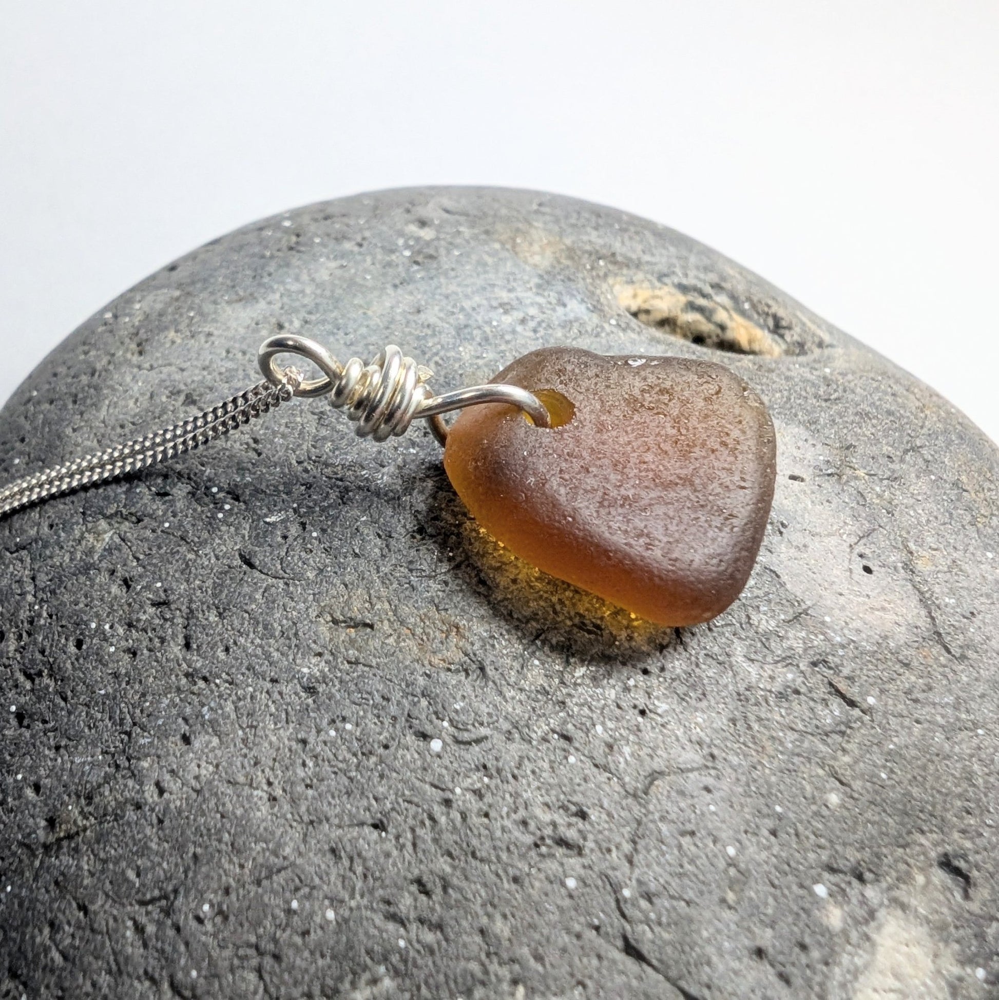 Recycled Silver Wire Wrapped Dark Amber Seaglass Pendant Necklace - Not Lost Jewellery