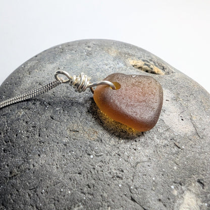 Recycled Silver Wire Wrapped Dark Amber Seaglass Pendant Necklace - Not Lost Jewellery