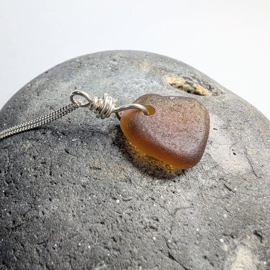Recycled Silver Wire Wrapped Dark Amber Seaglass Pendant Necklace - Not Lost Jewellery