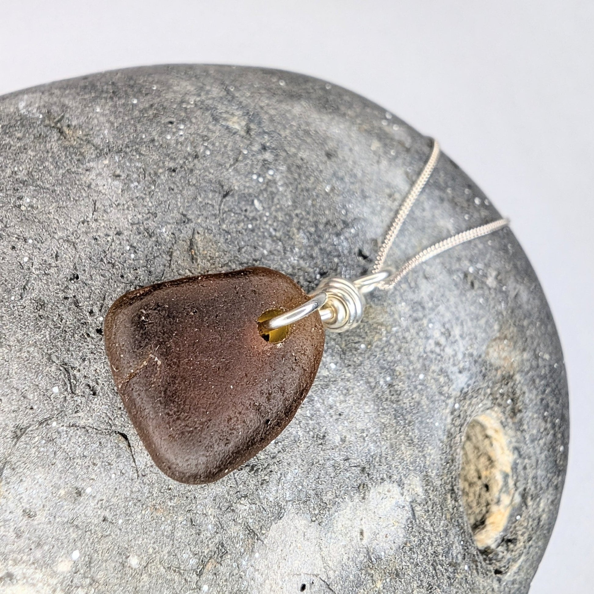 Recycled Silver Wire Wrapped Dark Amber Seaglass Pendant Necklace - Not Lost Jewellery