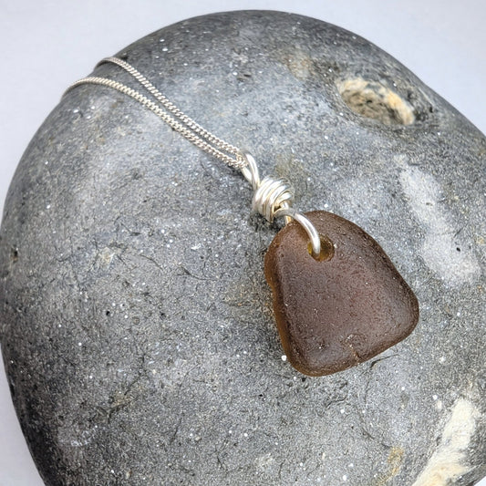 Recycled Silver Wire Wrapped Dark Amber Seaglass Pendant Necklace - Not Lost Jewellery