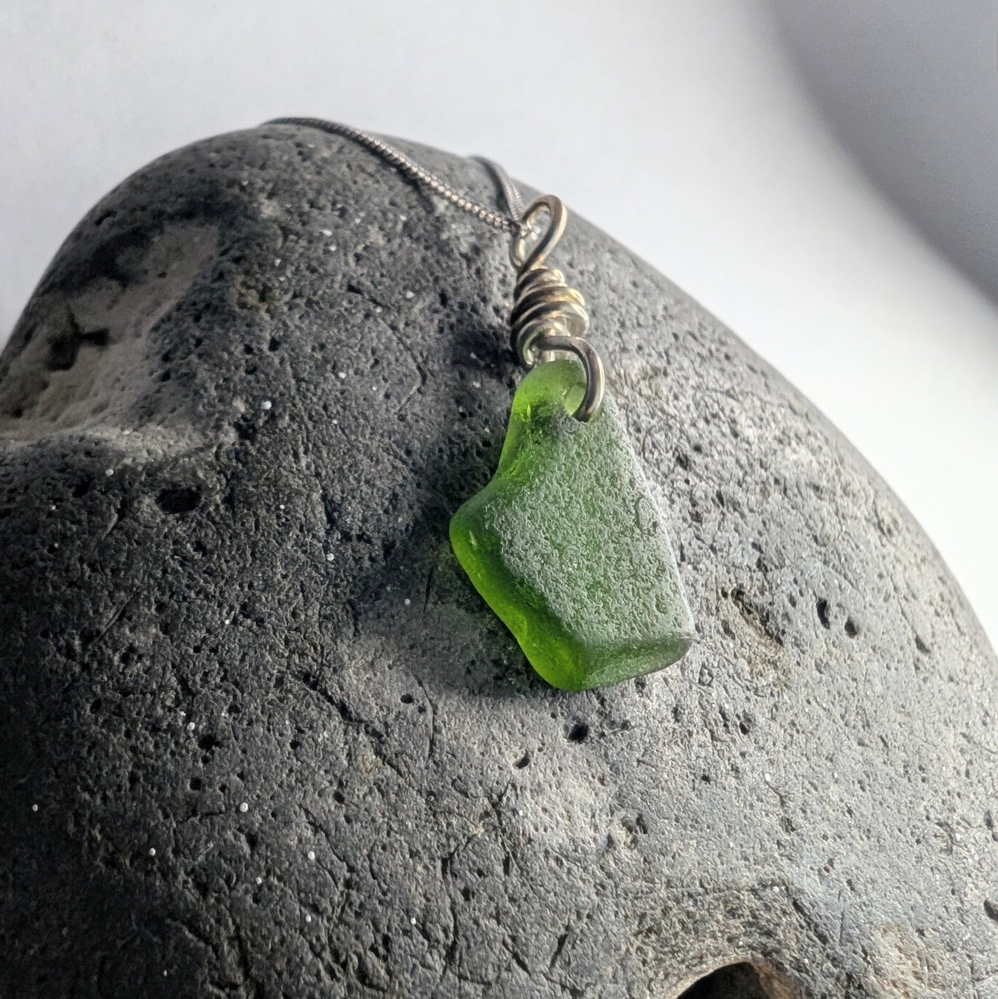 Recycled Silver Wire Wrapped Dark Forest Green Seaglass Pendant Necklace - Not Lost Jewellery