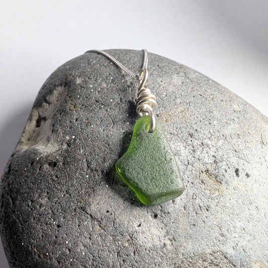 Recycled Silver Wire Wrapped Dark Forest Green Seaglass Pendant Necklace - Not Lost Jewellery