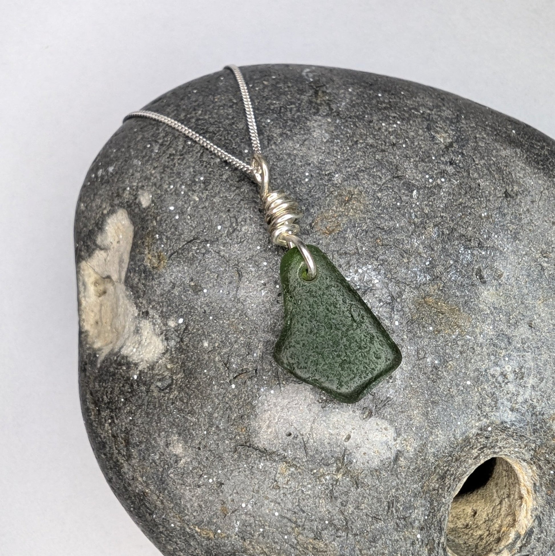 Recycled Silver Wire Wrapped Dark Forest Green Seaglass Pendant Necklace - Not Lost Jewellery
