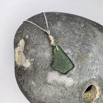 Recycled Silver Wire Wrapped Dark Forest Green Seaglass Pendant Necklace - Not Lost Jewellery