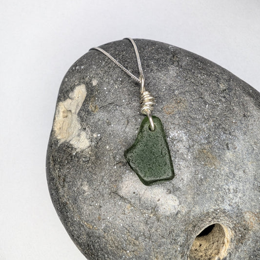 Recycled Silver Wire Wrapped Dark Forest Green Seaglass Pendant Necklace - Not Lost Jewellery